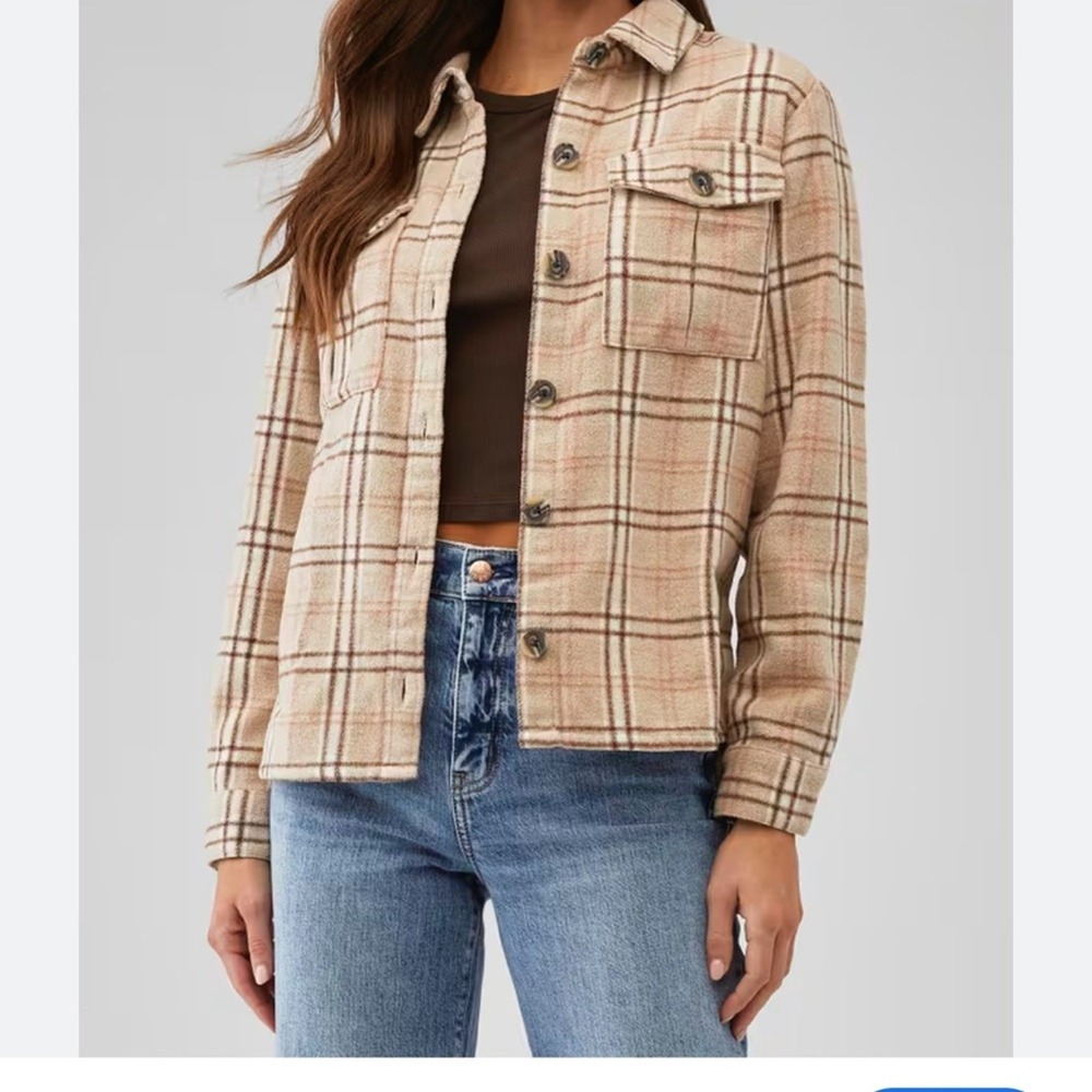 MINKPiNK SZ XS The Sirjan flannel jacket in‎ tan brown peach plaid RTR